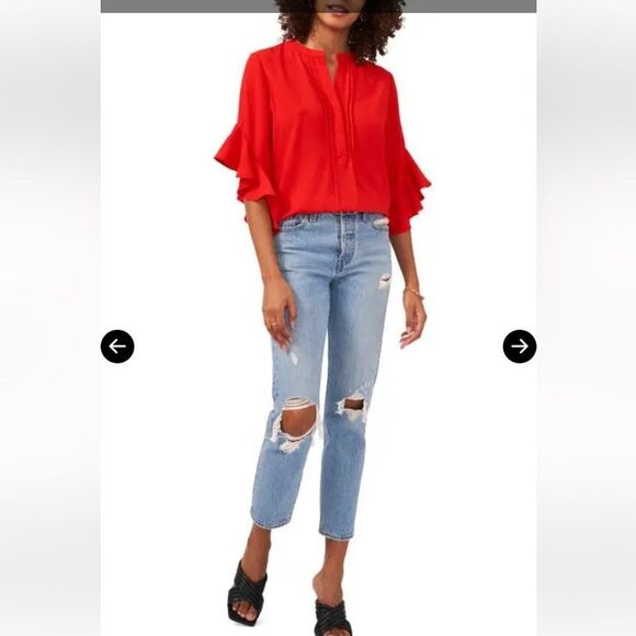VINCE CAMUTO Ruffle Sleeve Split Neck Blouse Cherry Red size Small. - Picture 3 of 13
